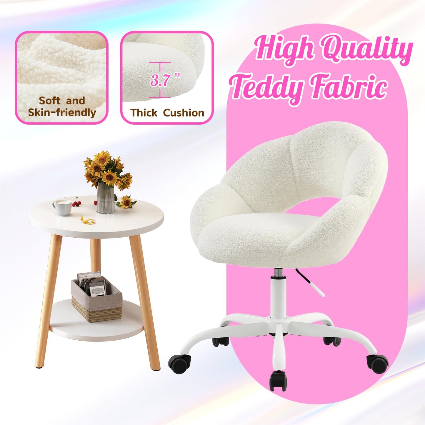 SUPPNEED Desk Chair, Home Office Chair, Swivel Chair, Office Chair, Height Adjustable, Dressing Table Chair in Flower Shape, Teddy Desk Chair