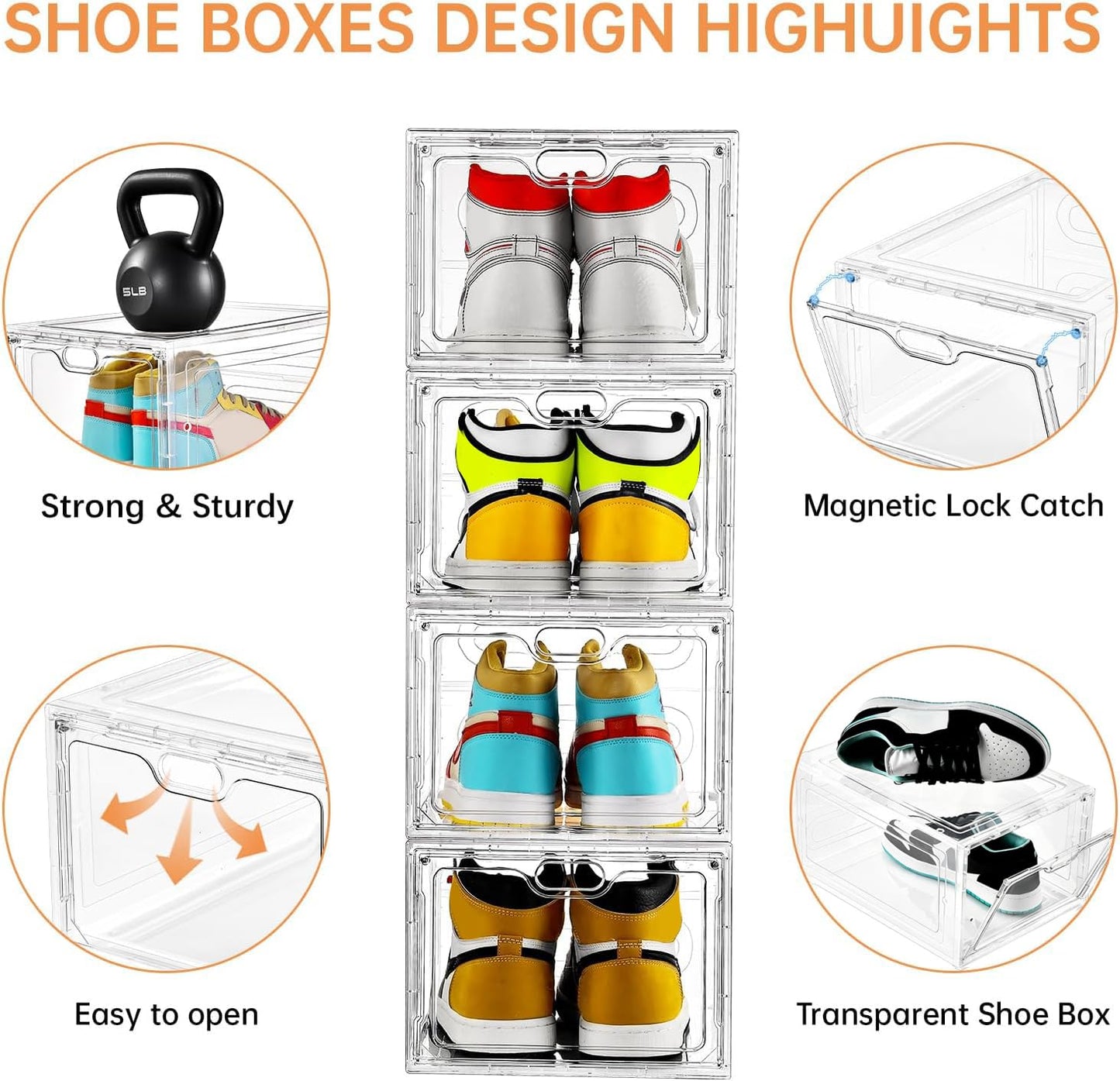 INSTY 6 Pack Modern/Functional Transparent Plastic Shoe Storage Box, Shoe Organizer with Magnetic Door, Stackable, Fits up to US Size 12