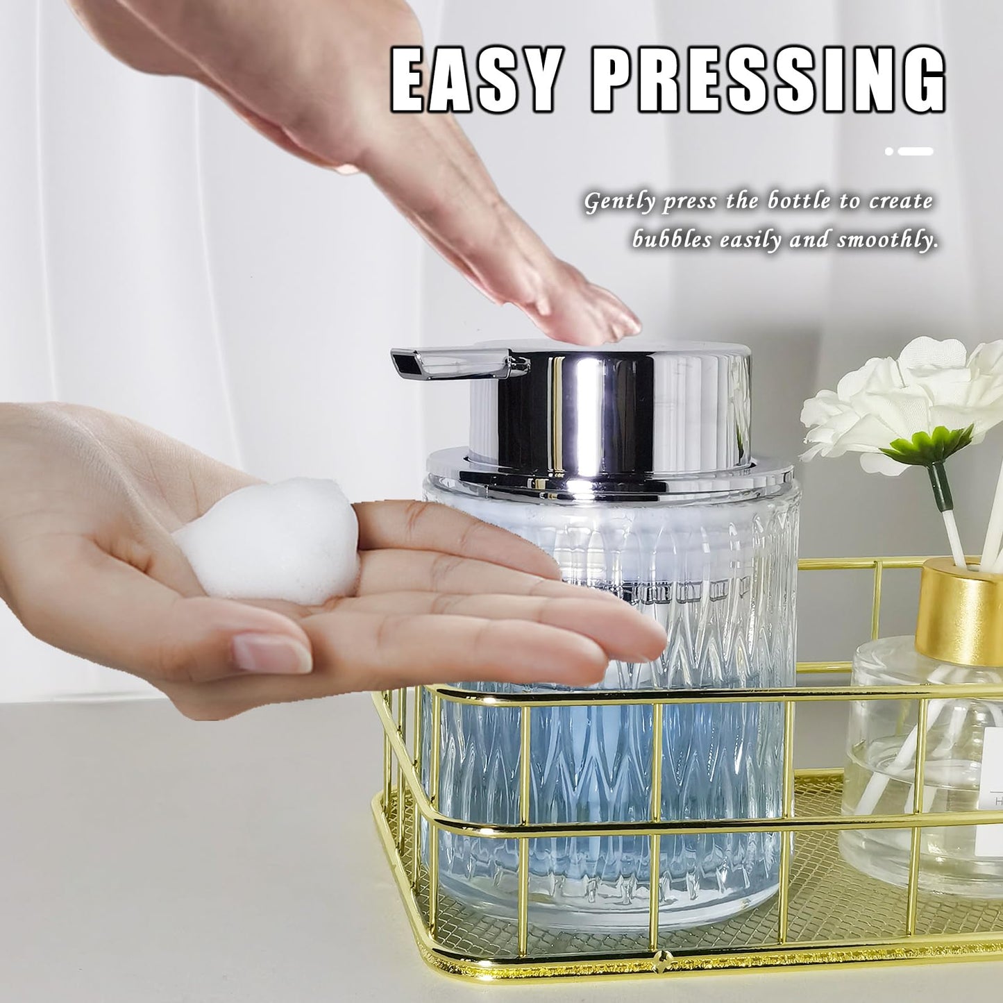 Glass Hand Foaming Soap Dispensers with Silver Pump Refillable Hand Soap Dispenser for Bathroom Kitchen (1Pack-D887)