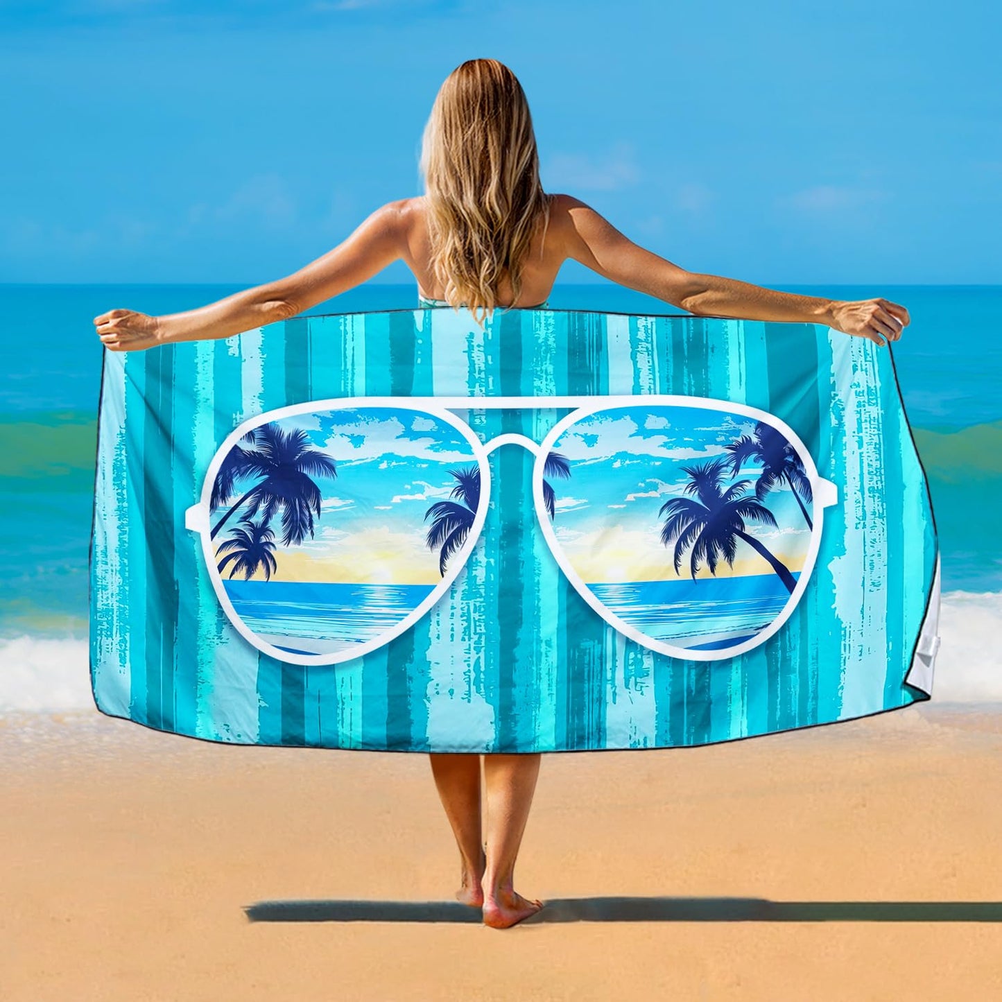 Violetpos Turquoise Stripe Sunglasses Palm Beach Towel, Extra Large 180x90 cm 250GSM Microfibre, Sand Free Quick Dry