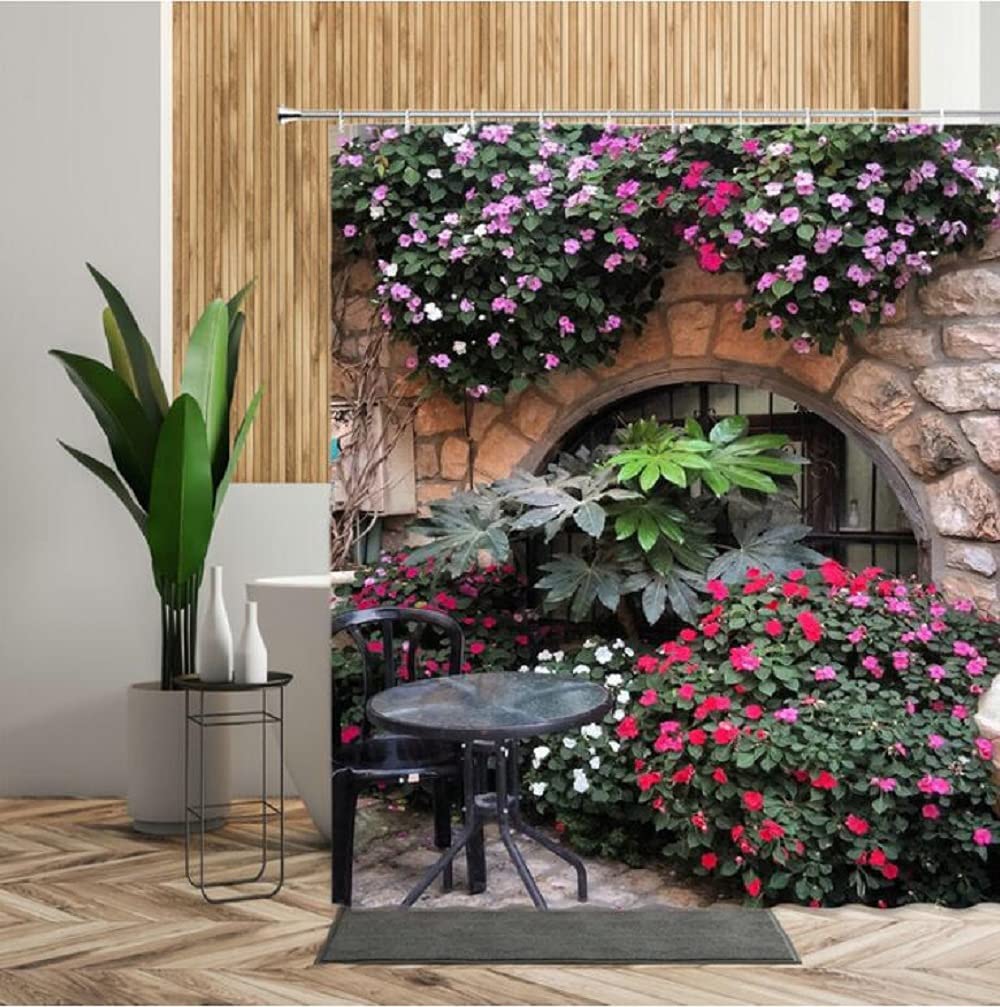 JIANGLANY Beautiful Scenery Garden Curtain Red Flowers on Stone Wall Green Plants Arch Window 3D Shower Curtain and Window Bathroom Decor Fabric with