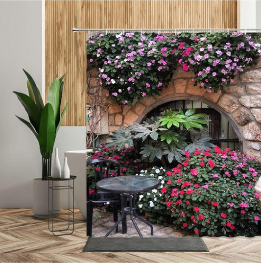 JIANGLANY Beautiful Scenery Garden Curtain Red Flowers on Stone Wall Green Plants Arch Window 3D Shower Curtain and Window Bathroom Decor Fabric with