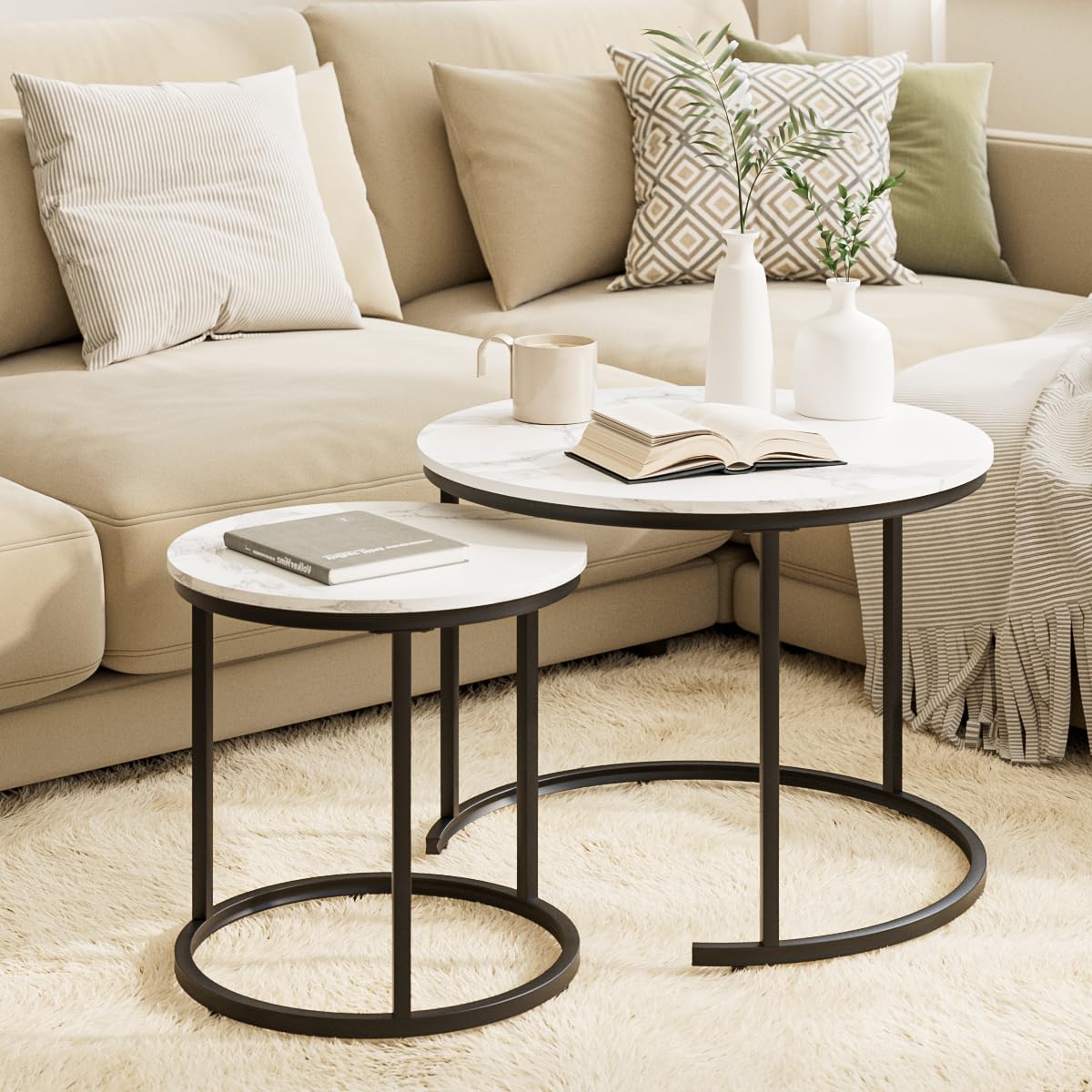 HEYZOEY Round Coffee Tables, Removable Set of 2 End Table, Nesting Tables with Black Metal Frame Legs and Marble White Top for Living Room, Bedroom