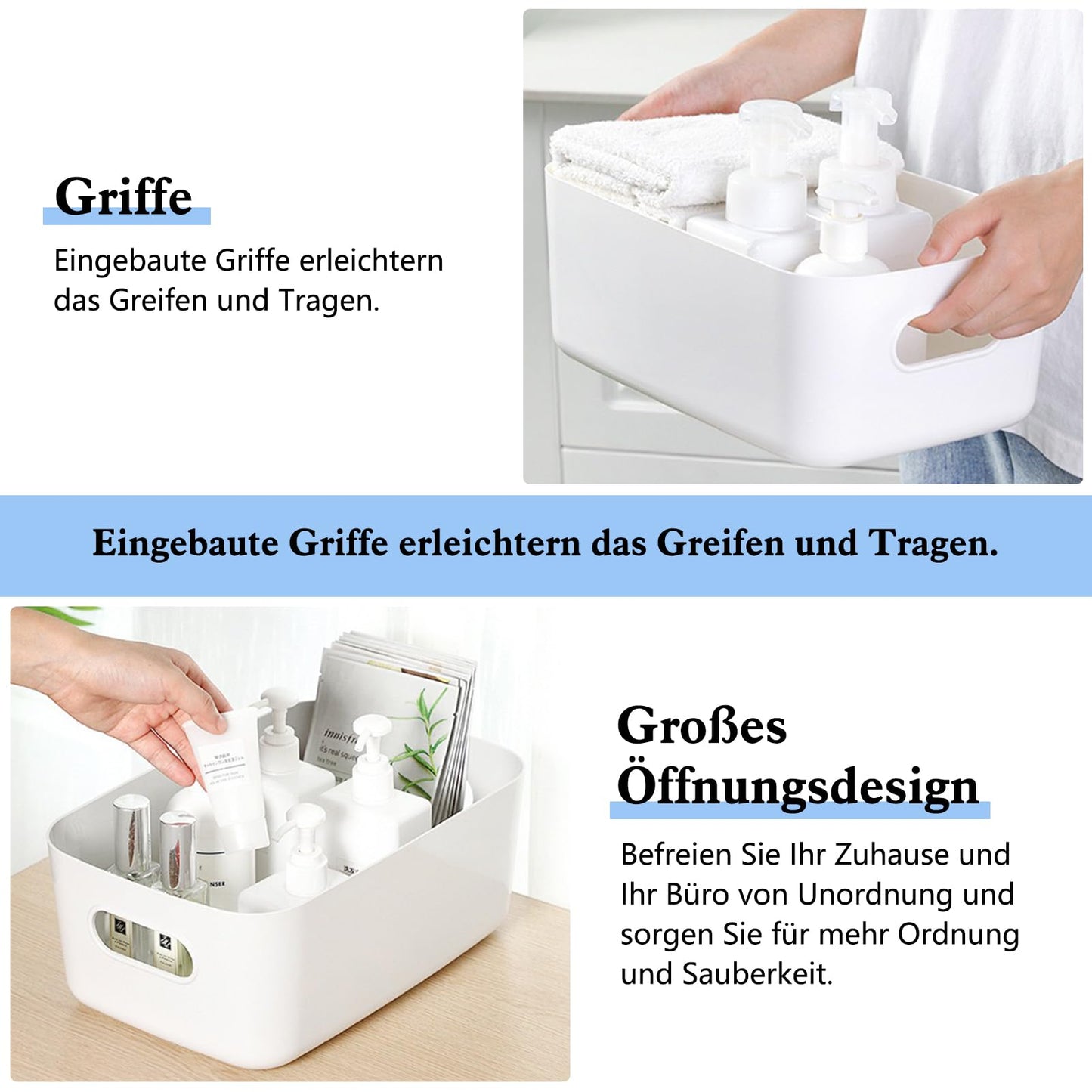 8pcs Plastic Storage Boxes, White Storage Baskets Organiser with Handles