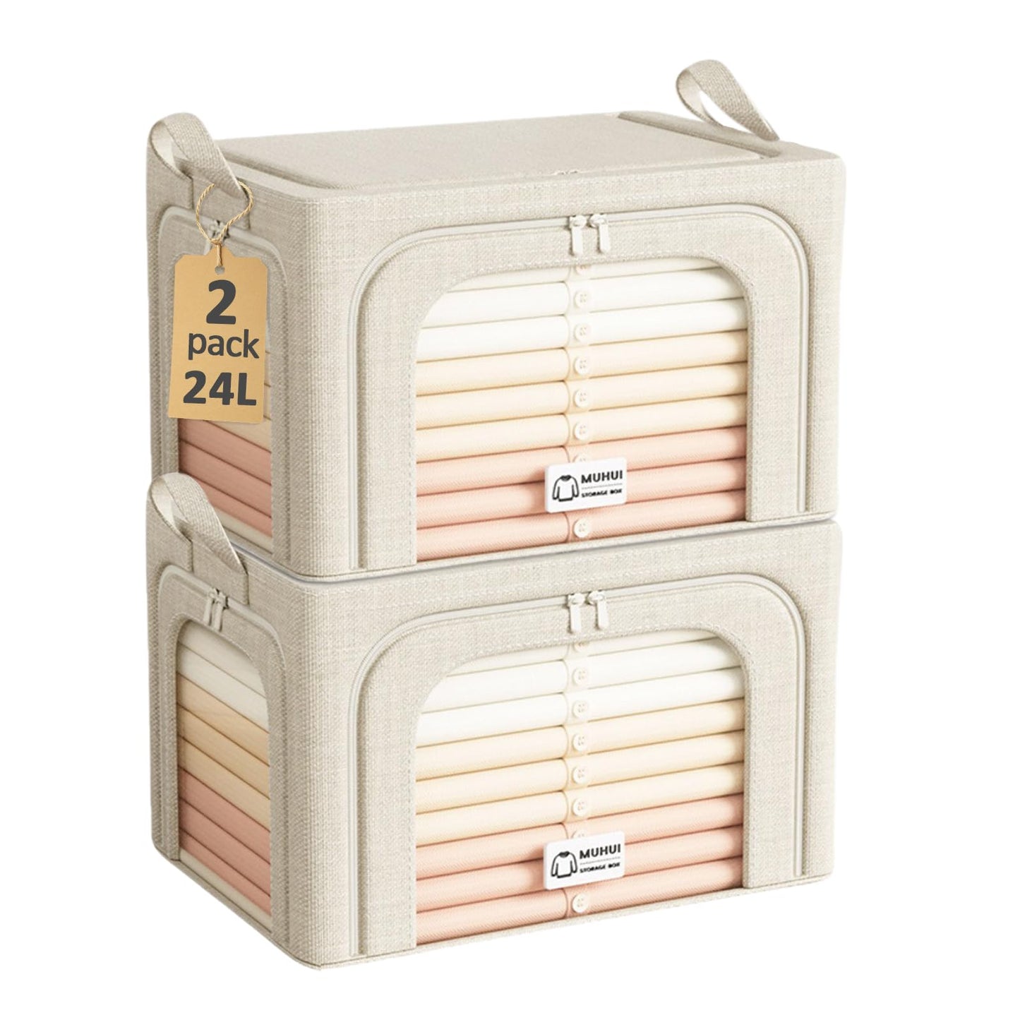 Ruucy 2 Psc Clothes Storage Boxes 24L, Foldable Clothes Storage Bags with Steel Frame & 3 Open Zips
