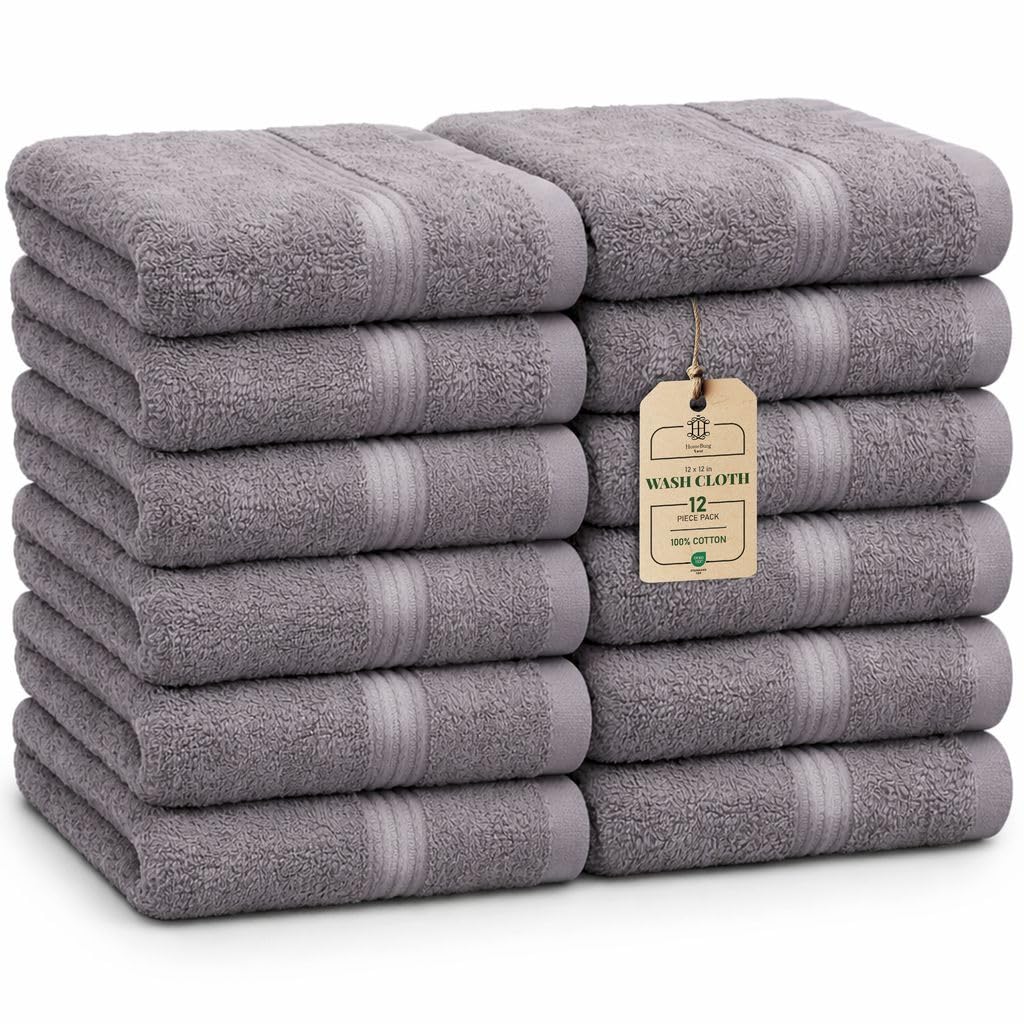 HomeBurg Luxe 12-Piece Washcloth Set - 100% Cotton, Soft & Absorbent, Easy Care, Premium Towels for Face & Daily Use, 30 x 30 cm, Stone Grey
