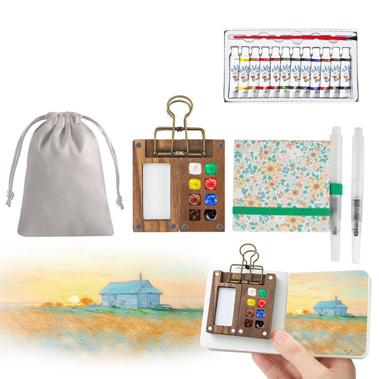 7Pcs Portable Watercolor Palette - 8 Grids Travel Watercolour Paint Set, Portable Travel Painting Set, Lid Foldable Wooden Palette, Sketchbook Brush