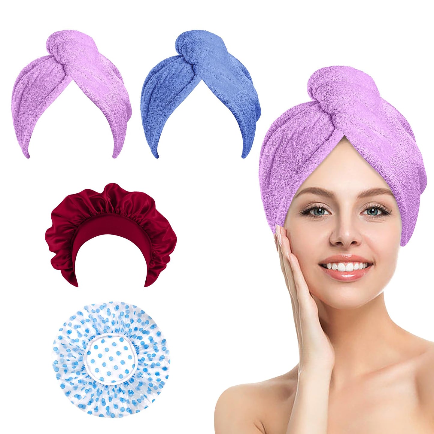 SNAIL GARDEN 4Packs Hair Cap Set, 2 Microfiber Hair Drying Towels Wrap with 1 Plastic Shower Hair Cap+1 Silk Sleeping Hair Protection Cap