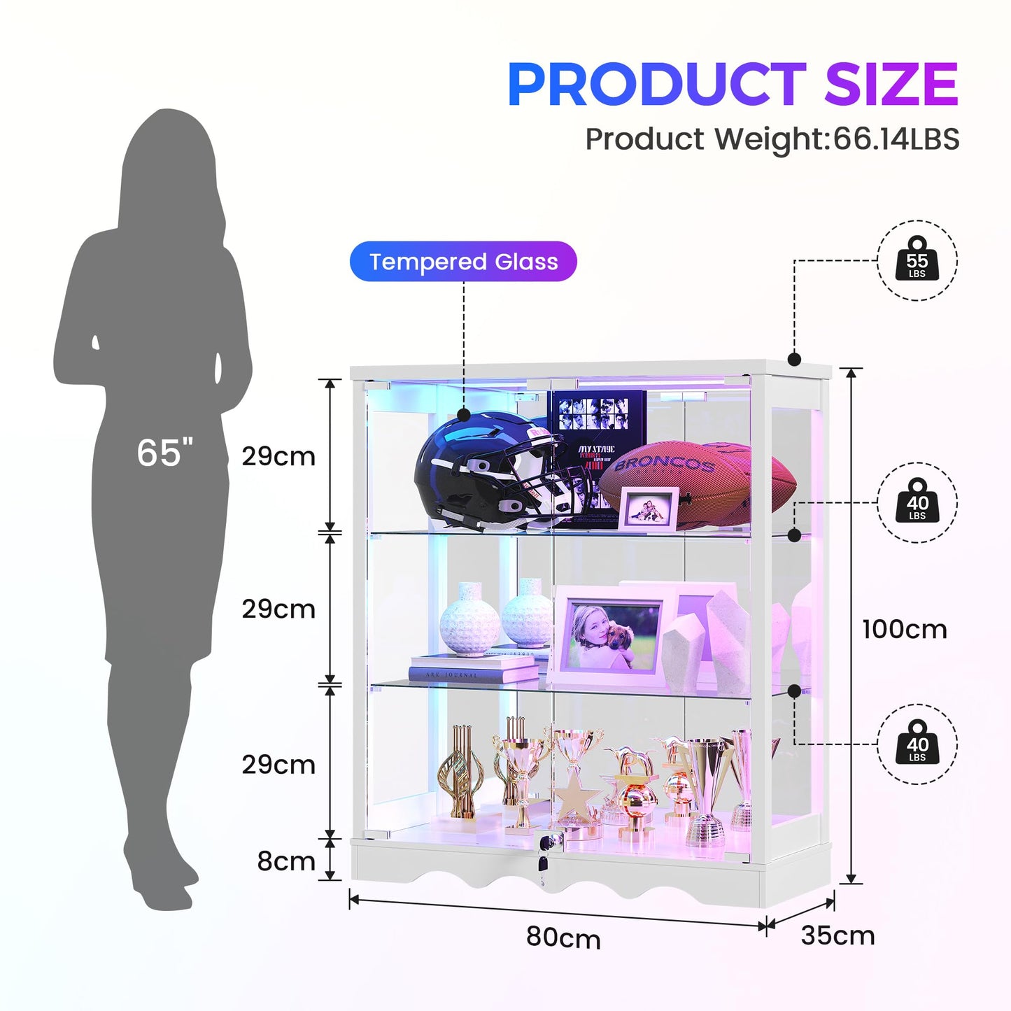 FREDEES RGB Display Cabinet with Glass Doors for Living Room, White