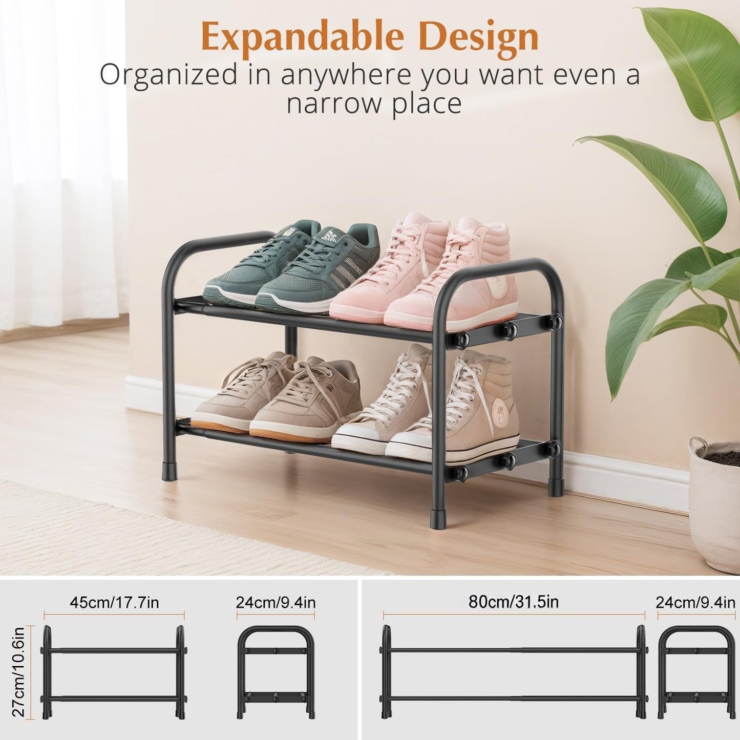 YUWHFEI Extendable Shoe Rack, 2 Tier Small Shoe Racks Adjustable Metal, Black Shoe Storage Organiser for Hallway, Inside Wardrobe, Closet, Bedroom