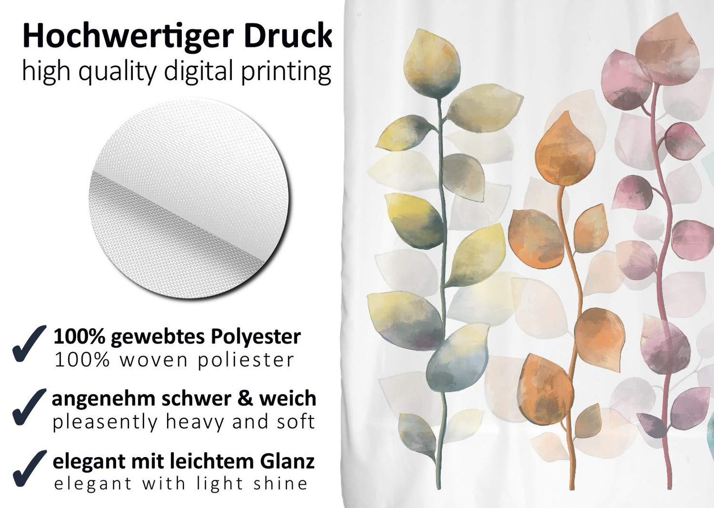 arteneur® - Palm leaves - anti-mould shower curtain 120 x 180 cm with Oeko-Tex Standard 100 - weighted hem, opaque, waterproof, washable