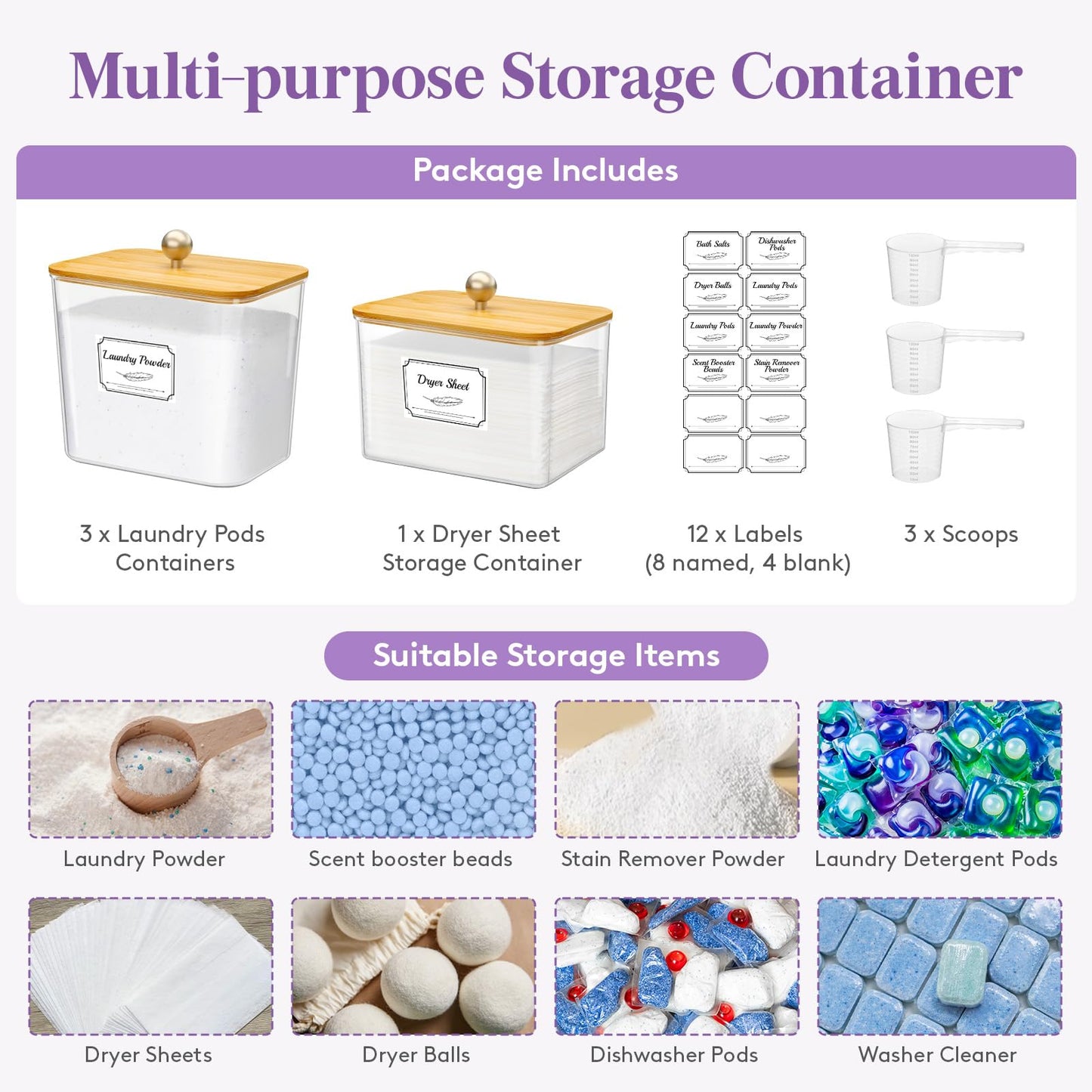 Lifewit Laundry Pods Container with Label Sticker& Scoop, 2.6+2L, 3 Pcs