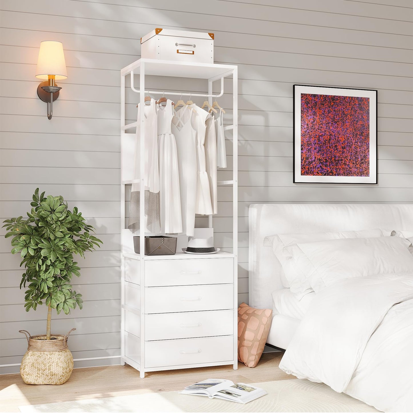 VOWNER Hall Tree Entryway Organizer with 4 Drawers Bench White Rod