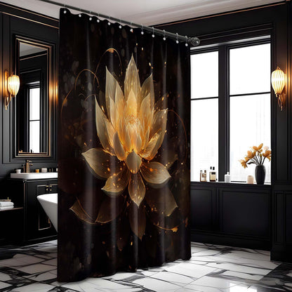 LanZanthic Lotus Shower Curtains for Bathroom Black and Gold Floral Spa Zen Wet Room Shower Curtain with hooks, Mould Proof Resistant, Waterproof
