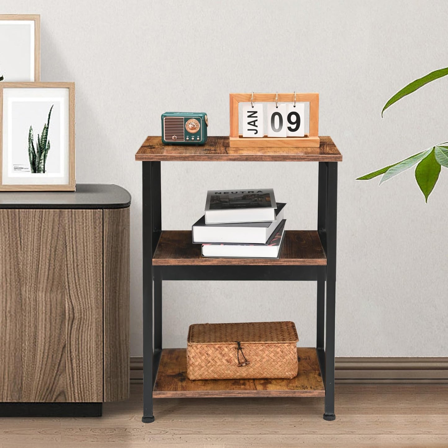 H JINHUI 3-Tier Side Table, Sofa End Table, Solid Wood Tall End Table with Storage Shelves, Nightstand Bedside Table for Living Room Bedroom Office