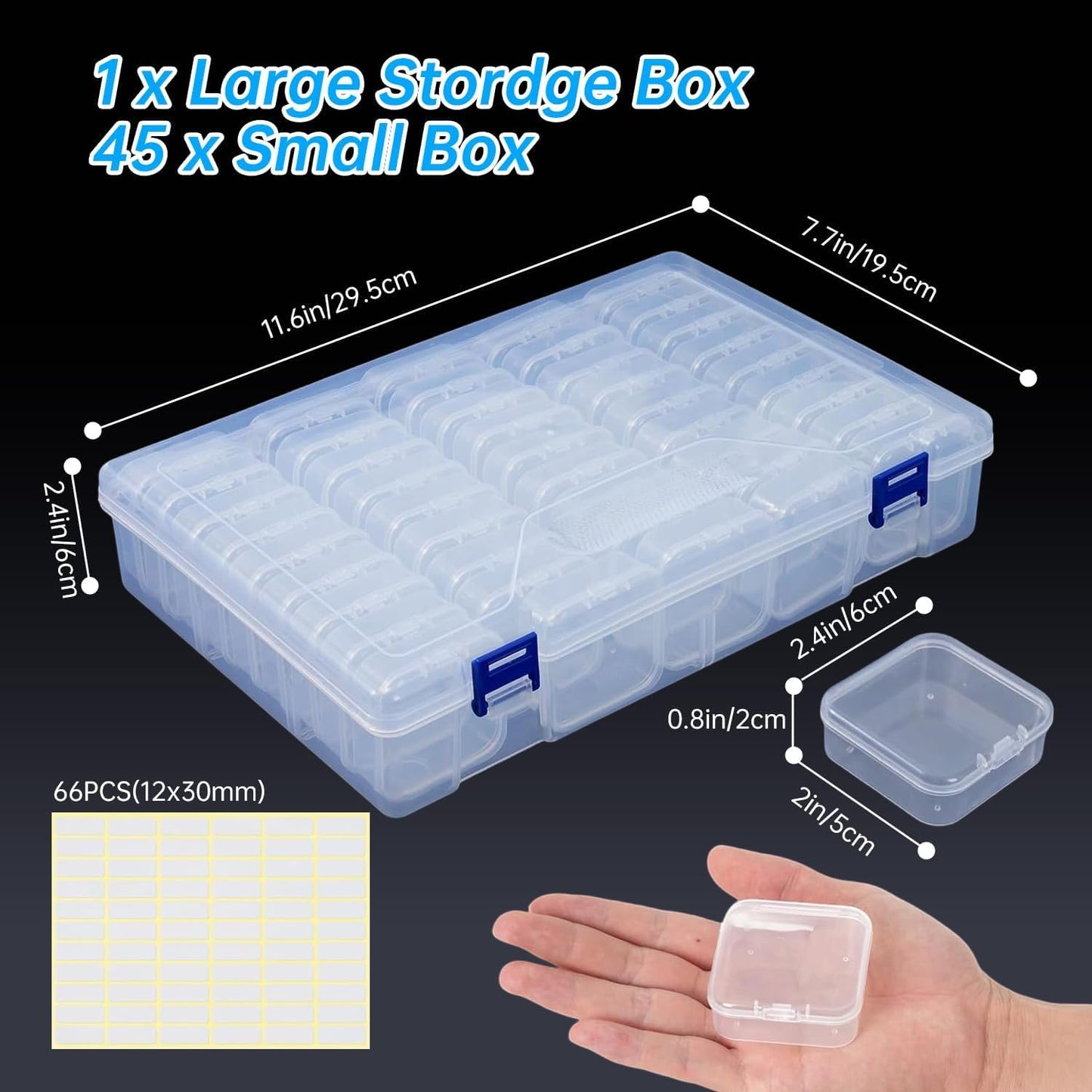 MIRLITICA Bead Organiser Storage Box 45 Pcs with Large Outer Box & 66 Labels – Clear Bead Storage Containers for Diamond Painting, Jewelry Making
