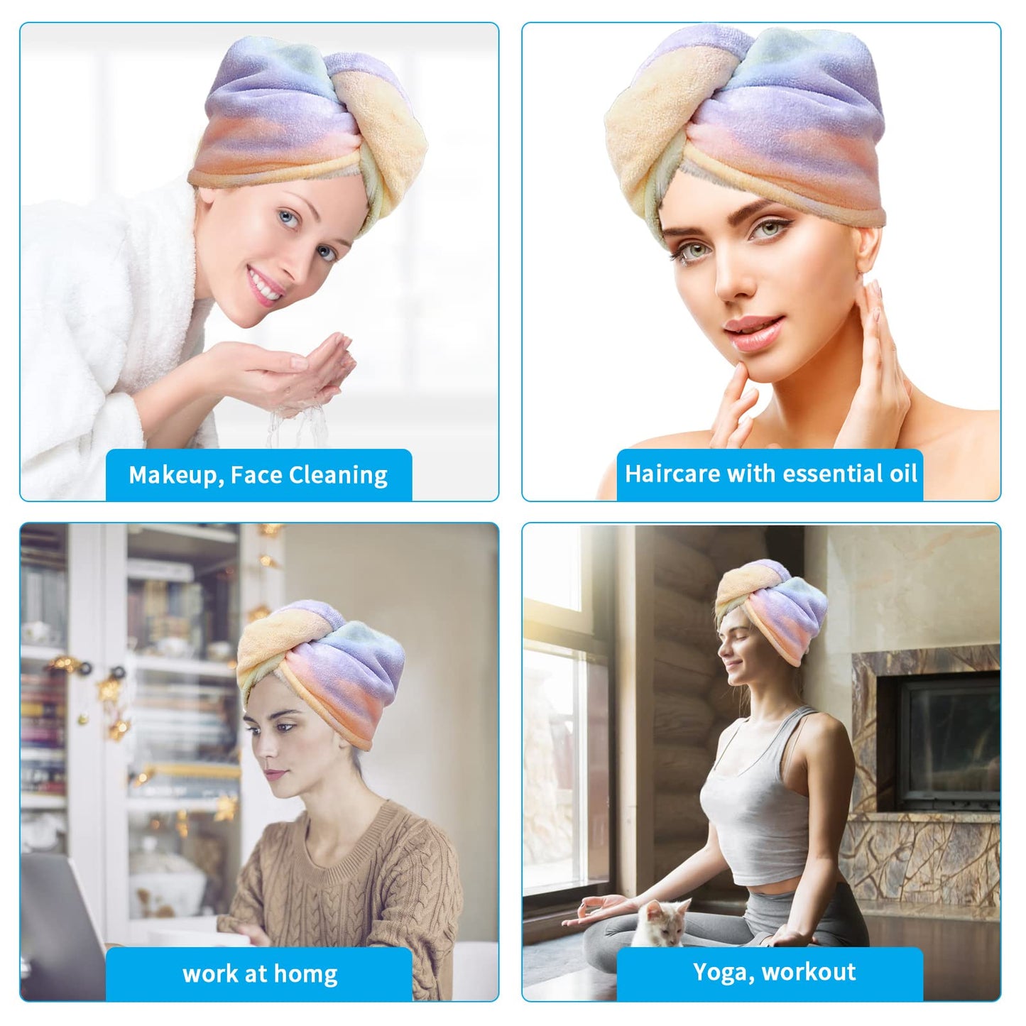 QKTYB 2 Pack Microfiber Hair Towel Wrap Rainbow Quick Dry Super Absorbent Twist Turban Drying Hair Caps with Button Dry Hair Hat for Women Girl,65 x
