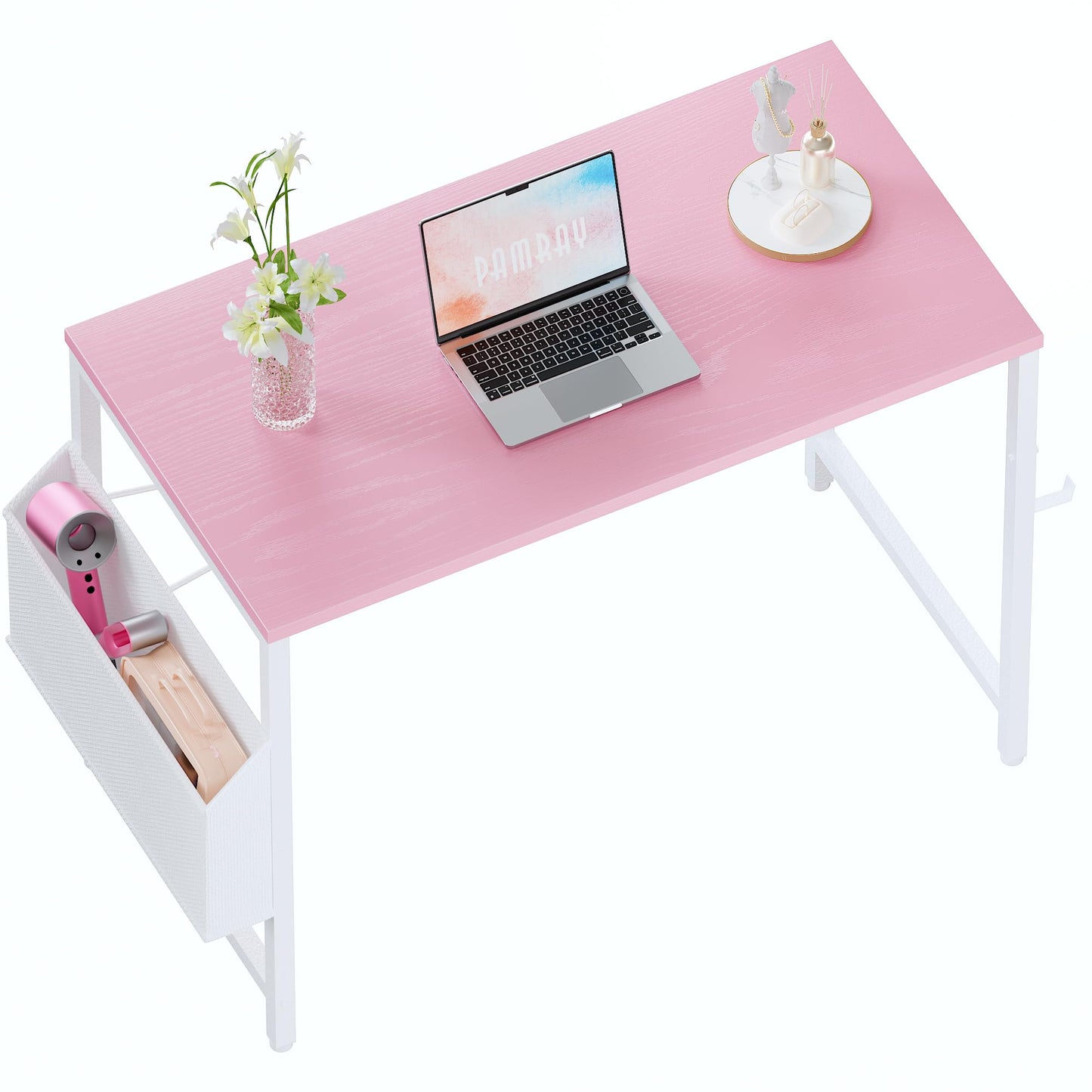 PAMRAY 80x40cm Computer Desk for Small Spaces with Storage Bag, Home Office Work Desk with Headphone Hook, Small Office Study Writing Table, Pink