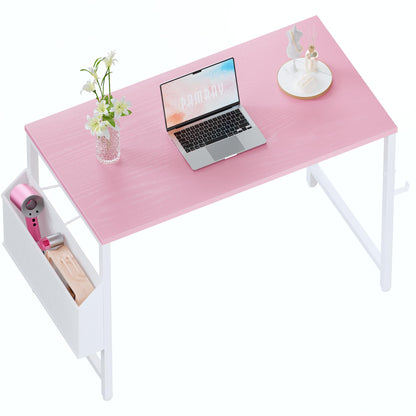 PAMRAY 80x40cm Computer Desk for Small Spaces with Storage Bag, Home Office Work Desk with Headphone Hook, Small Office Study Writing Table, Pink