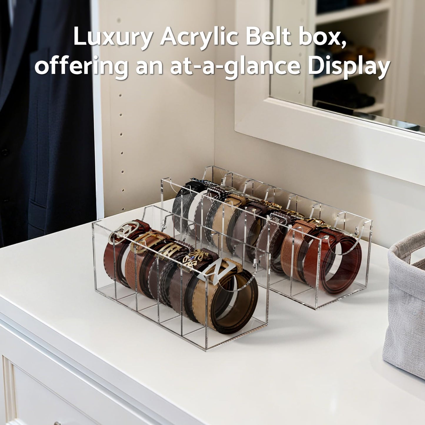 FEMELI Acrylic 7 Compartment Belt Organizer, Clear Belt Display Case for Closet Tie and Bow Tie