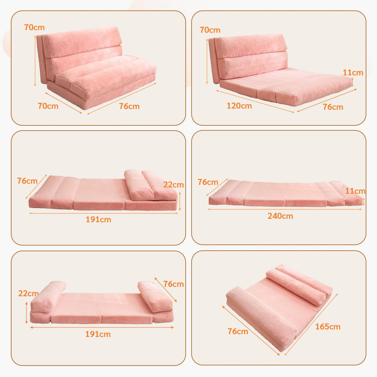 MAXYOYO Bean Bag Bed Folding Sofa Bed Floor Mattress for Adults, Extra Thick 6 Fold Floor Sofa Floor Couch for Bedroom Living Room, Pink, 75x240 cm