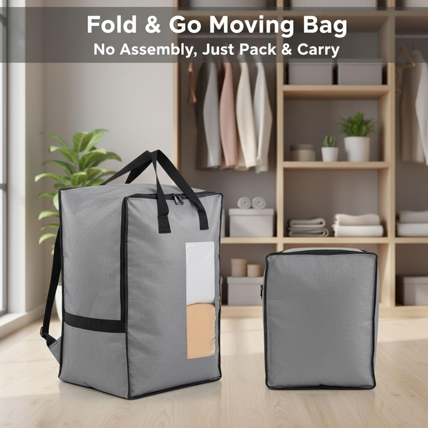 Culinavog 2PCS Backpack Moving Bag, Large Storage Bags with Lid and Zips, Tear-Resistant Reusable with Handle and Backpack Straps Transparent Window