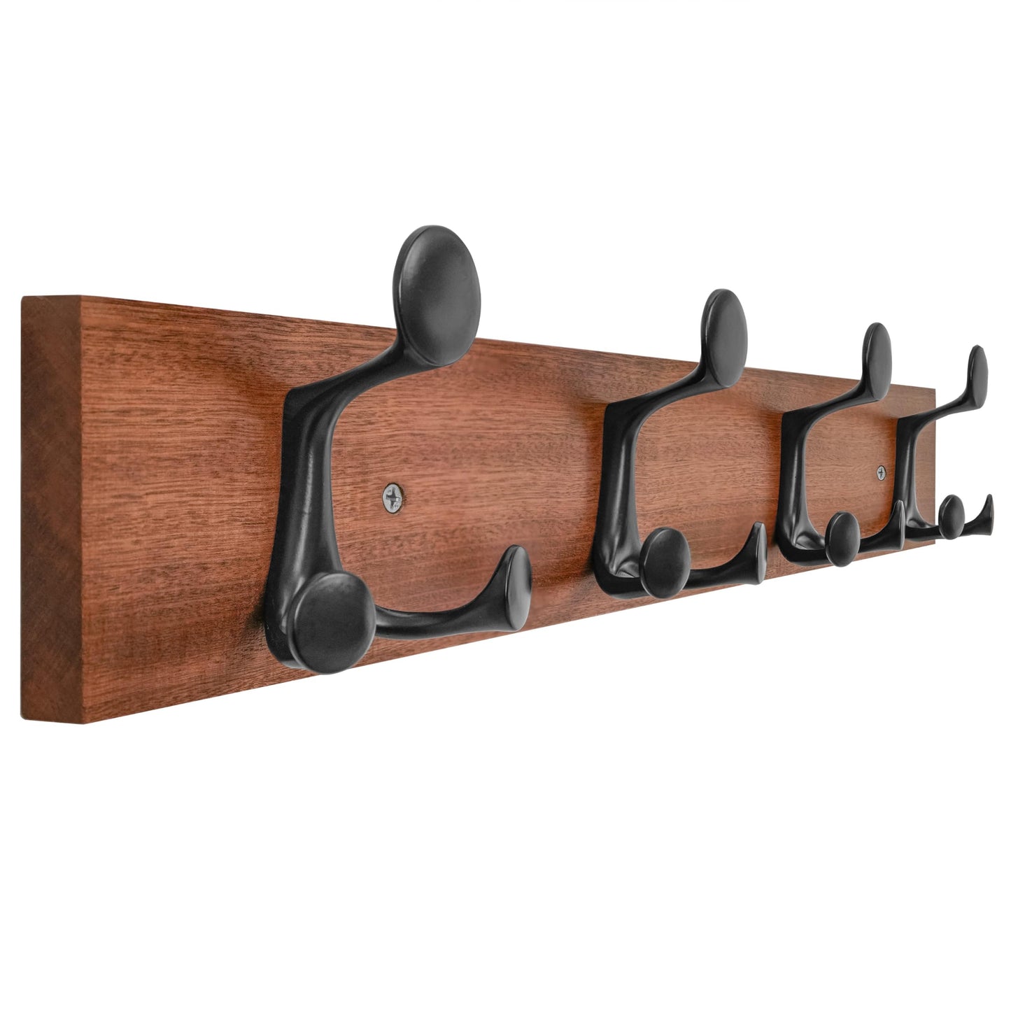 HONSKY Wall Mounted Coat Rack, 61cm Solid Sapele Wood Backboard, 4 Black Sturdy Aluminium Alloy Triple Hooks(12 Hanging Points)