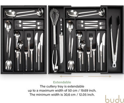 budu Cutlery Tray #45 (Depth 45 cm) Made of Bamboo - Black - Drawer Organiser System for the Kitchen - Cutlery Tray for Bamboo Drawers - Extendable -