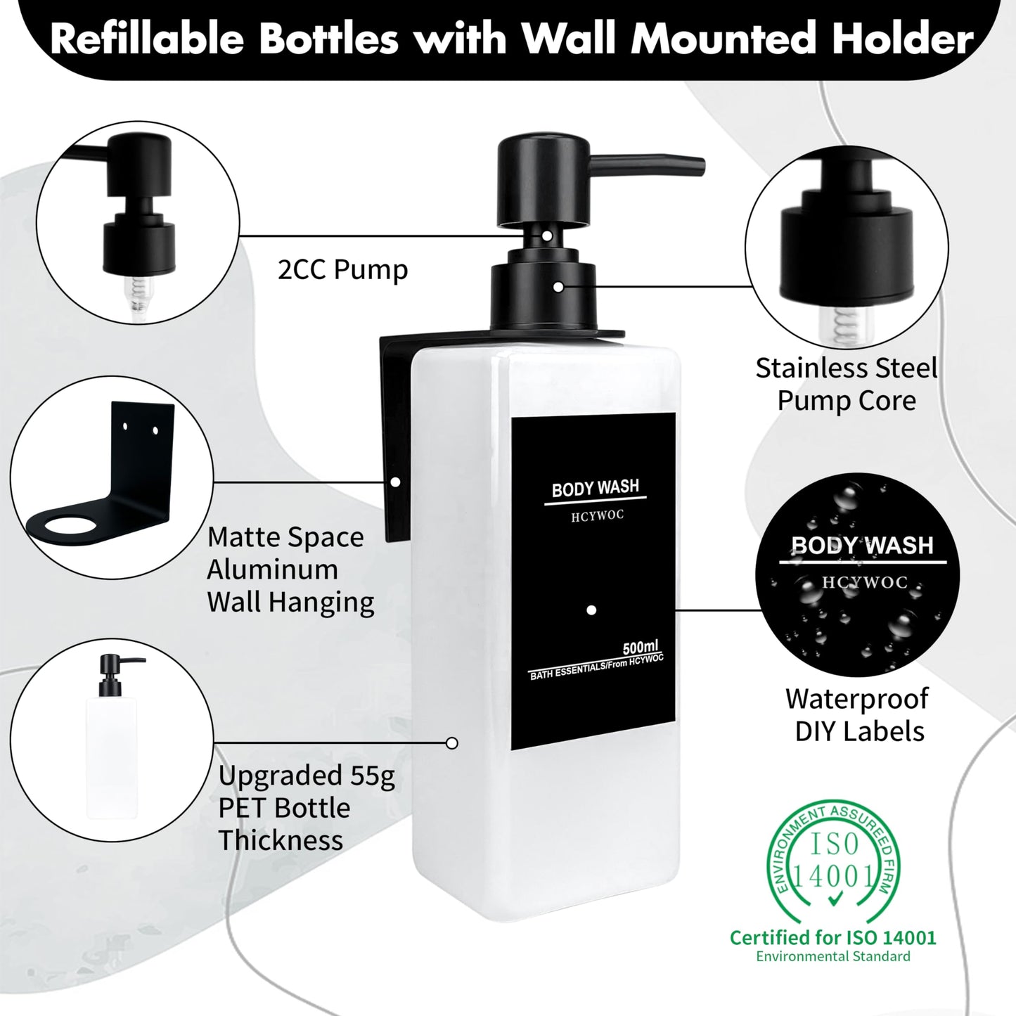 HCYWOC Shampoo and Conditioner Dispenser, No Drill, 16 Waterproof Labels