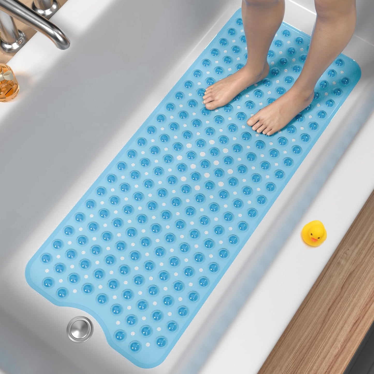 HITSLAM Non Slip Bath Mat for Tub, 101 x 40cm Extra Long Shower Mat Anti Mould, Machine Washable Bathroom Bathtub Mat with Suction Cups and Drain