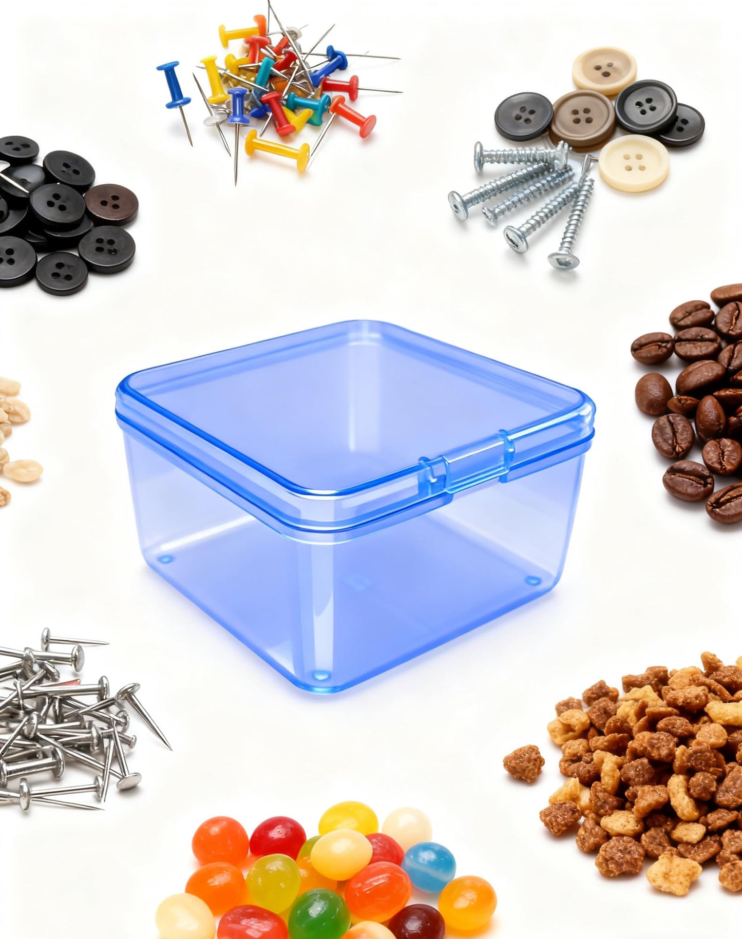 LJY 60 Pack Small Blue Plastic Boxes with Hinged Lid 6.5 x 6.5 x 3.5 cm