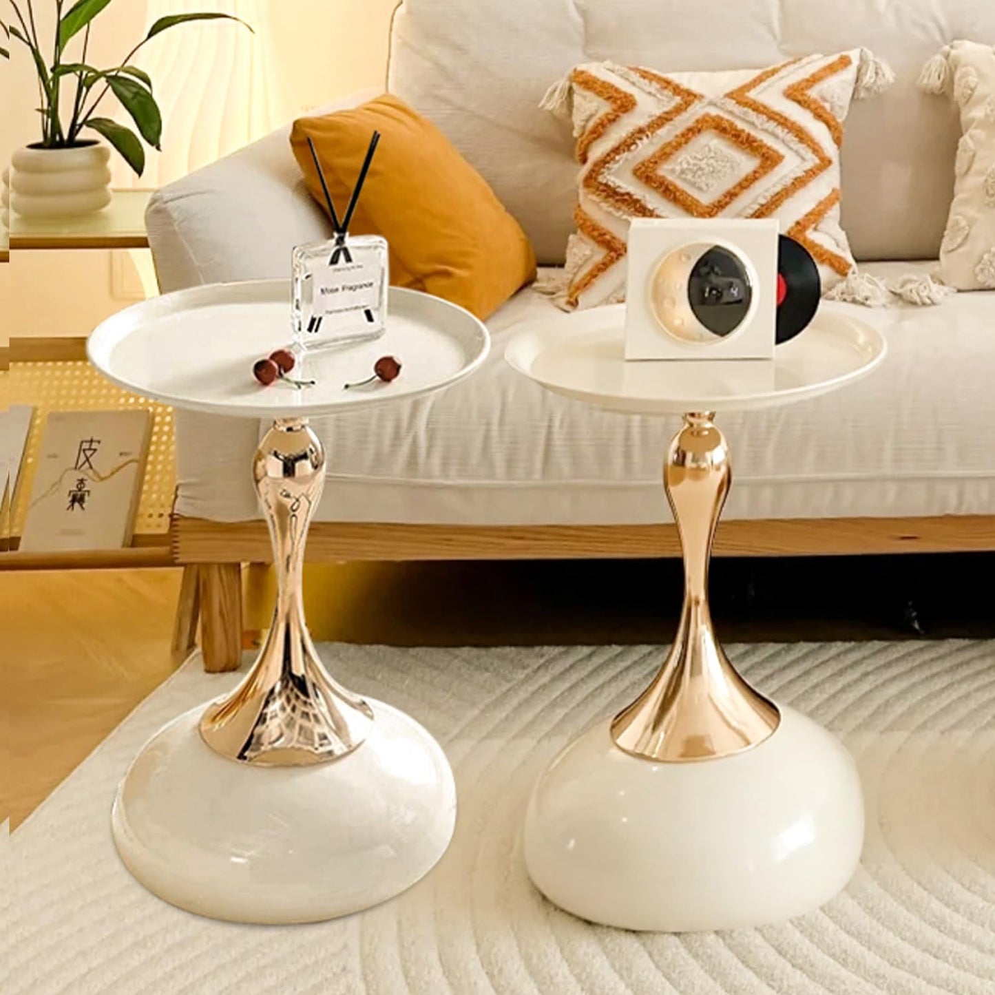 2-Pack Modern Round Side Table - White Tabletop & Gold Pedestal Base, Stylish Accent End Table for Living Room, Bedroom & Office (White Set)