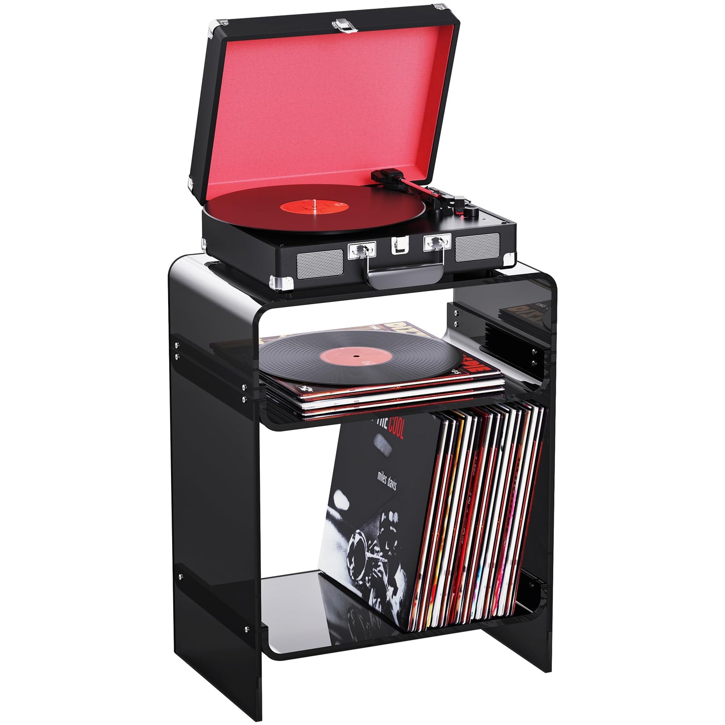 Acrylic Record Player Table with Storage Shelf, Clear Side Table, Nightstand (Black, 45×30×58 cm, Acrylic)