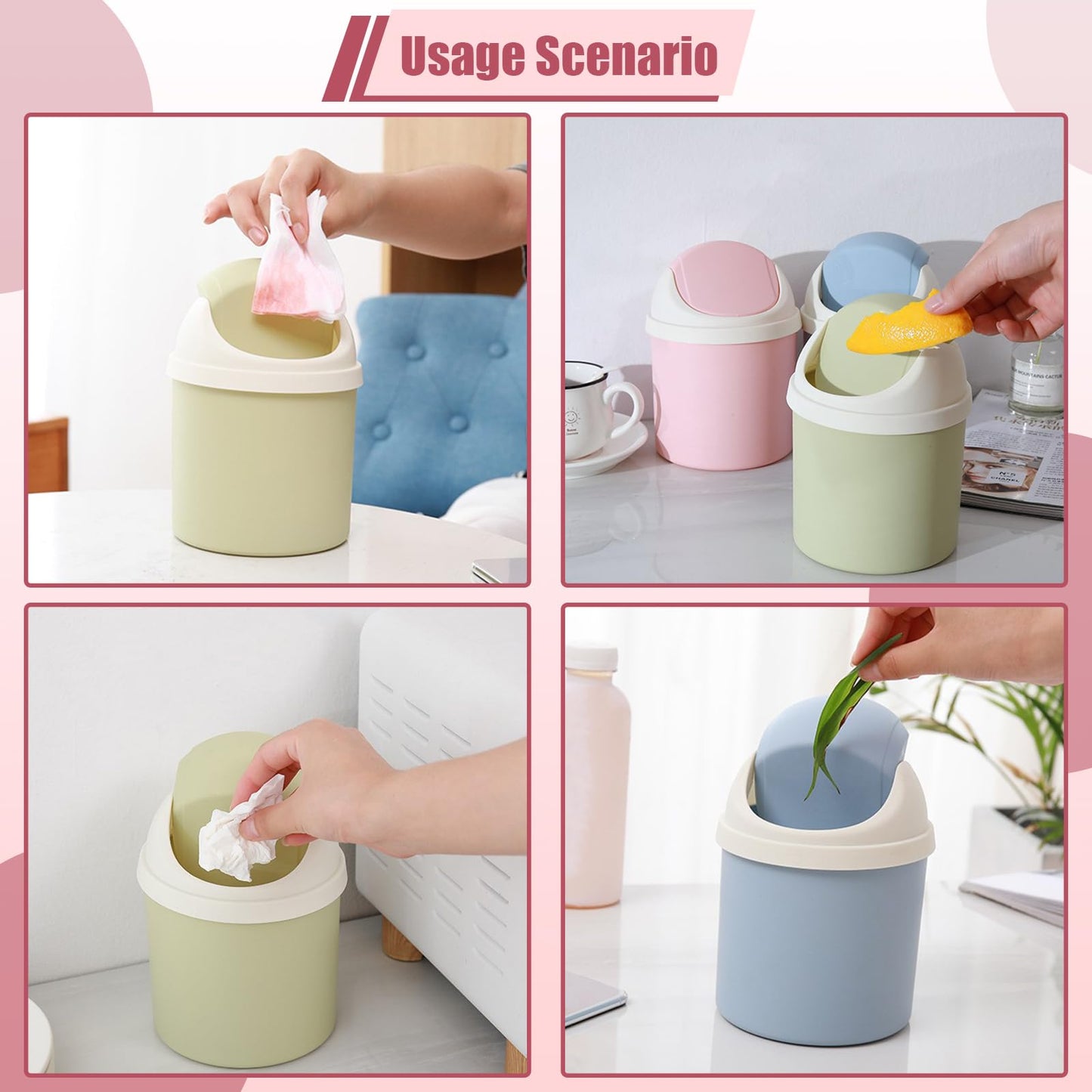 Sicheii 2Pcs Desktop Trash Can with Swing Lid & 120 Trash Bag, Mini Countertop Trash Can for Desk, Tiny Cute Garbage Can