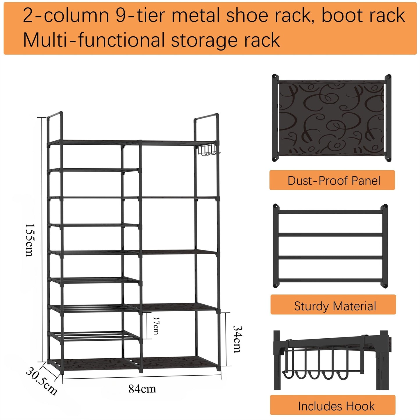 Lxvckly Shoe Rack, 9 Tiers Shoe Storage Organizer, Metal Tall Shoe Shelf Holds 30-32 Pairs, Vertical Shoe & Boot Organizer for Narrow Spaces