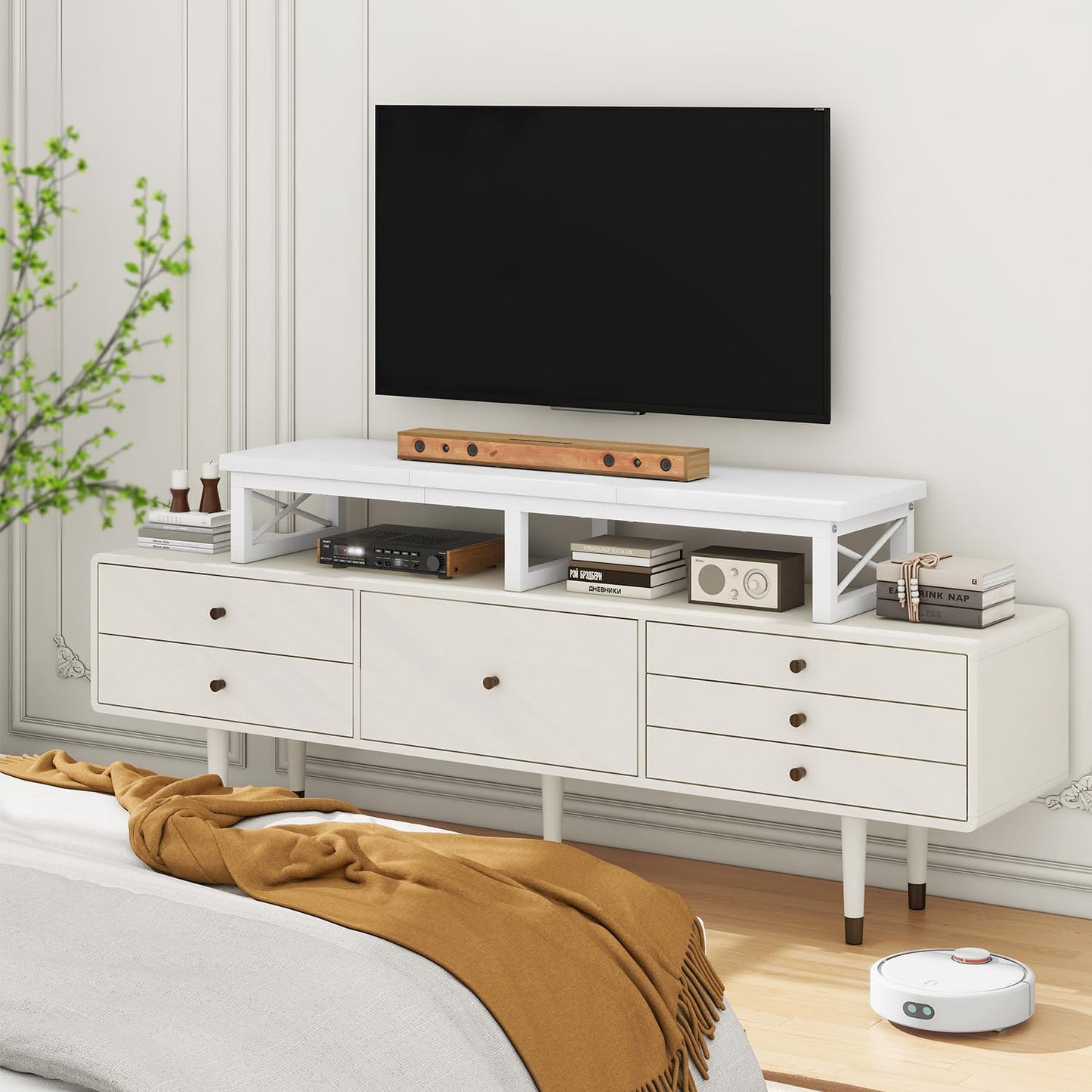 IBUYKE 114cm Large TV Riser for 32-60 inch TV,Tabletop Short TV Stand with Storage and Steel Legs,Dual Screen Office Desk,Stand Riser,TV Riser Stand