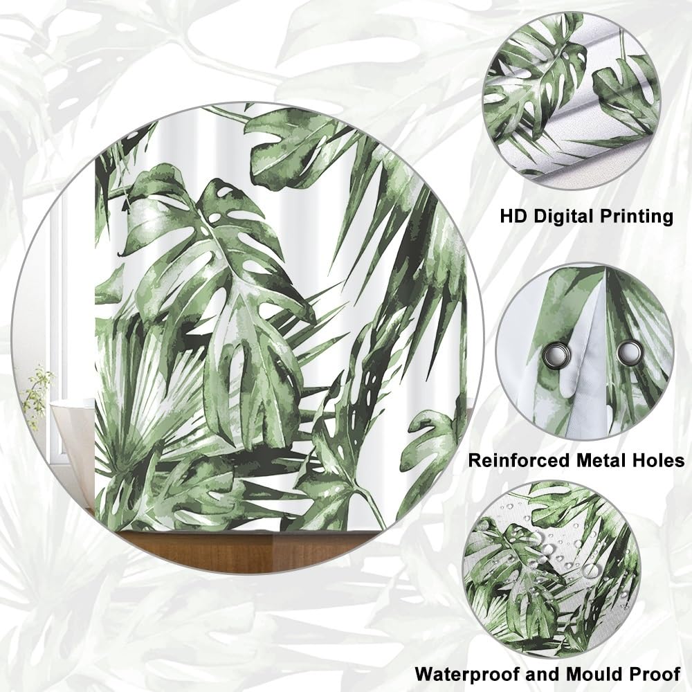 Uiiooazy Anti-Mould Shower Curtain, 180 x 180 cm Tropical Green Palm Leaves Jungle Bath Curtains Washable Fabric Waterproof Polyester Bathroom