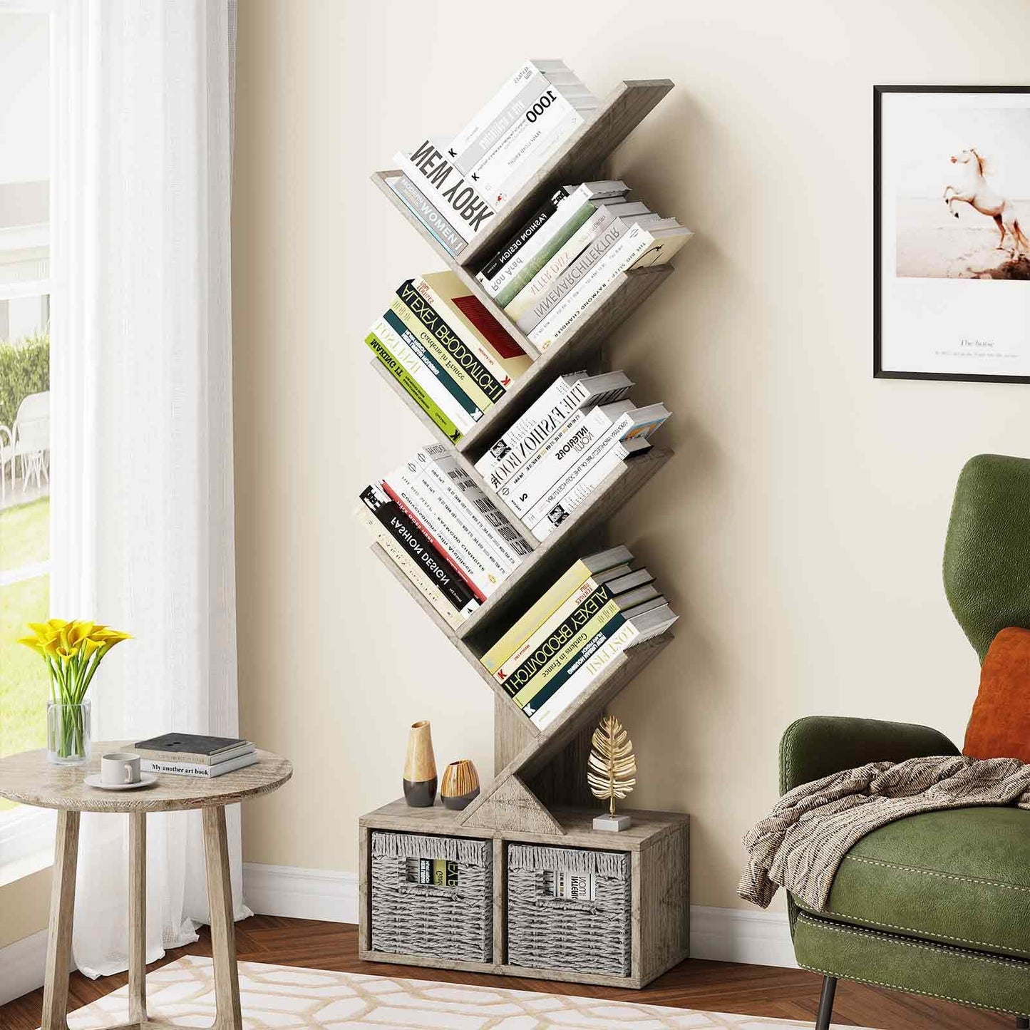 Vagusicc 6 Tier Tree Bookshelf with 2 Storage Baskets, Tall Display Shelf Organizer for Books, Magazines, Home Decor