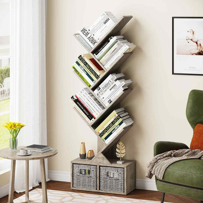 Vagusicc 6 Tier Tree Bookshelf with 2 Storage Baskets, Tall Display Shelf Organizer for Books, Magazines, Home Decor