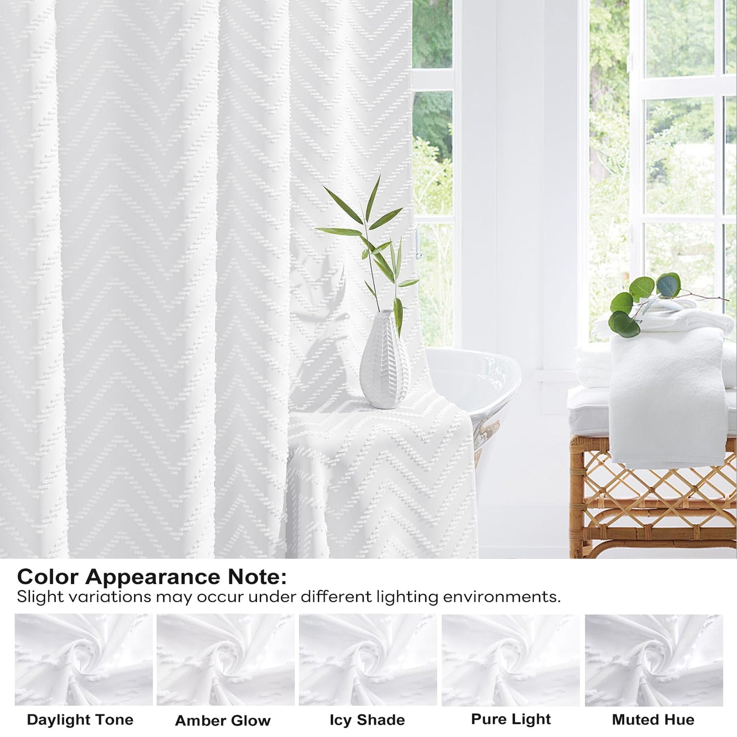 BTTN Narrow Boho Tufted Chevron Shower Curtain, Waterproof, 92x186cm, White