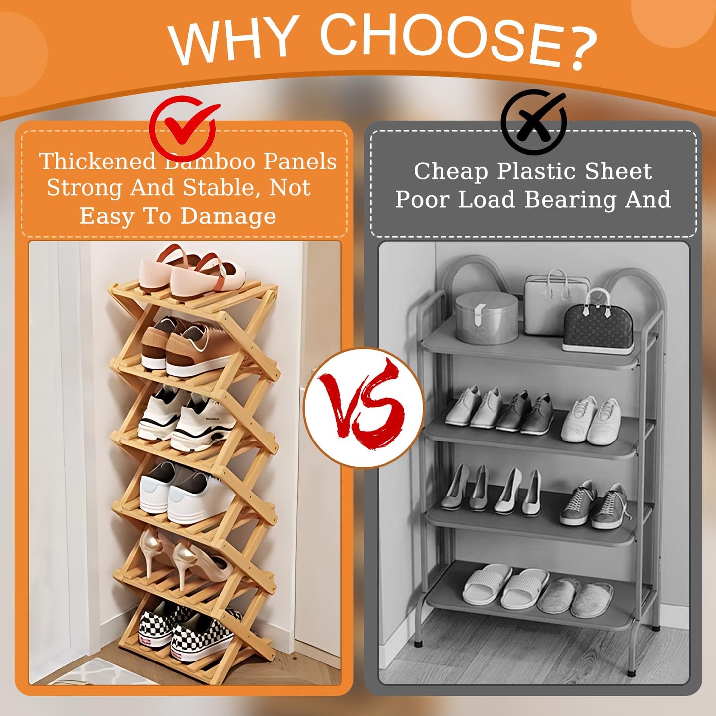 Kiss Me 8-Tier Bamboo Foldable Shoe Rack Vertical Narrow