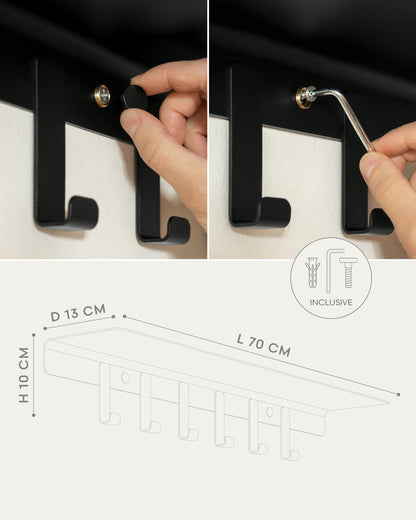 Kazai. Wall Mounted Coat Rack with Shelf 'Holmsen' | Modern Coat Hooks Wall Mounted | Hanger with Storage Shelf | Metal Hook Rack for Hallway | Black