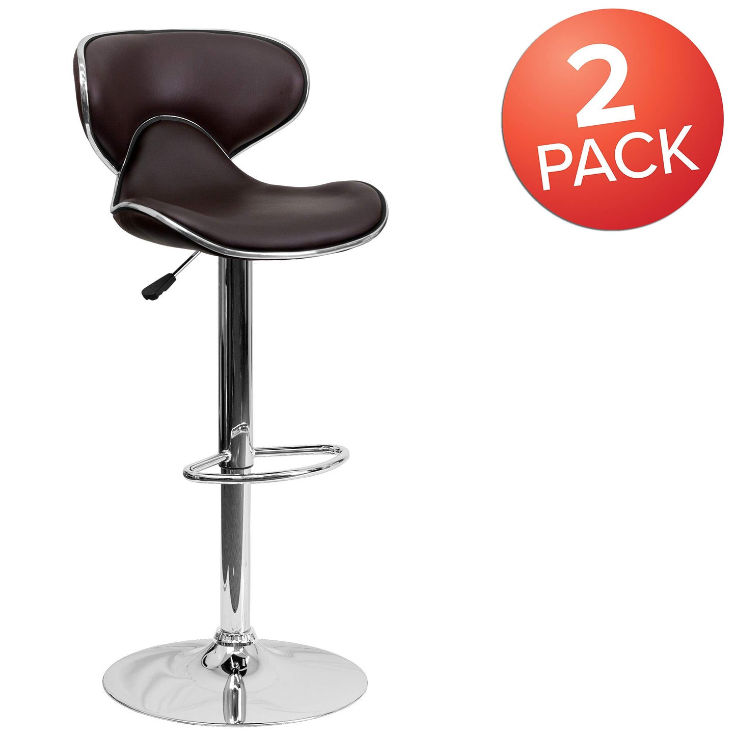 Flash Furniture Aidan 2 Pack Contemporary Cozy Mid-Back Brown Vinyl Adjustable Height Barstool with Chrome Base