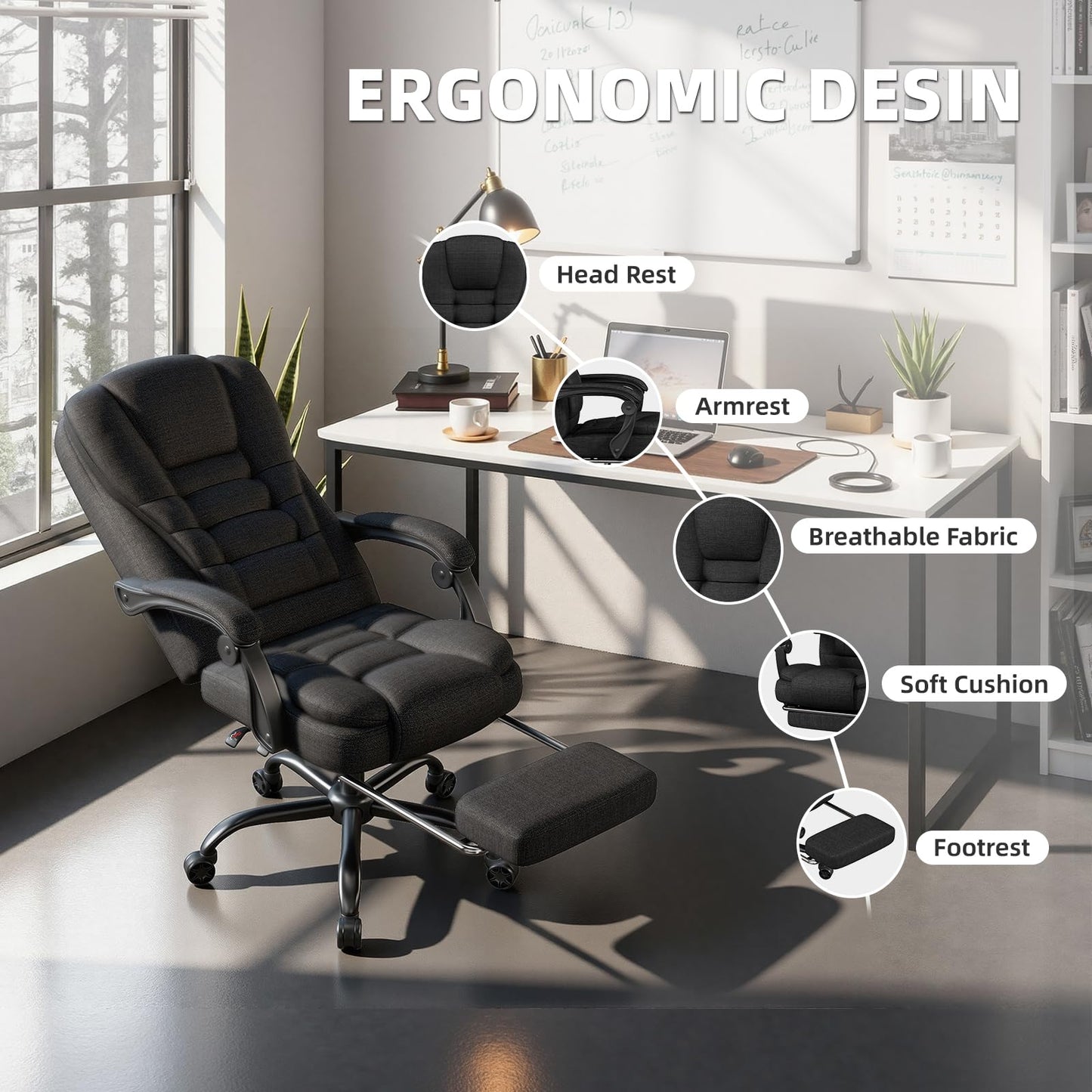 SITMOD Executive Office Chair with Footrest, Pocket Spring Fabric Desk Chair, High Back Thick Padding Computer Chair with Linkage Armrests