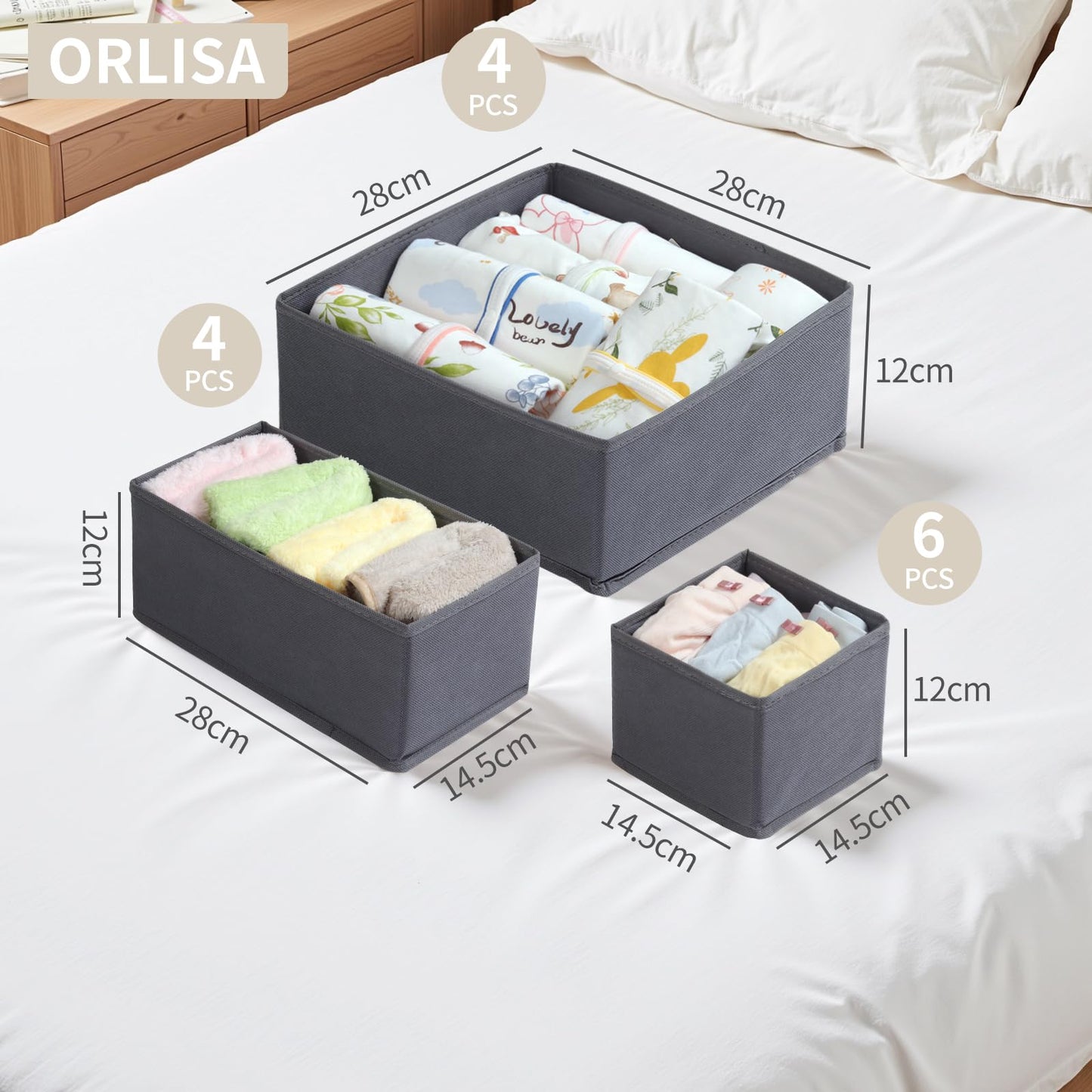 ORLISA Drawer Organiser for MALM Drawers, 14 Pack Grey Clothes Drawer Organisers, Foldable Fabric Dividers for Underwear Socks Bras