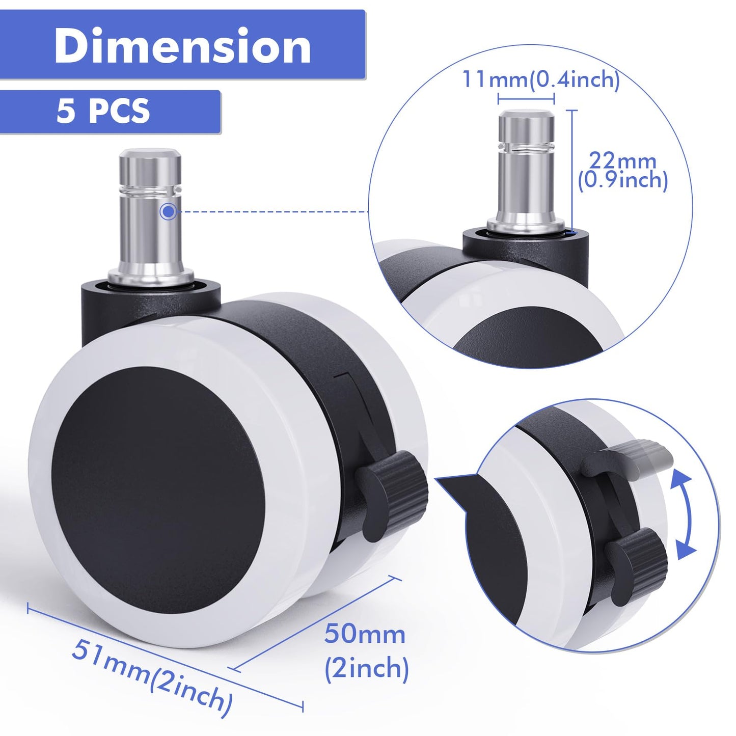 LIHAO 5 x Universal Abrasion Resistant Castors with Safety Brake for Hard Floors (White and Black, 11/50 mm)