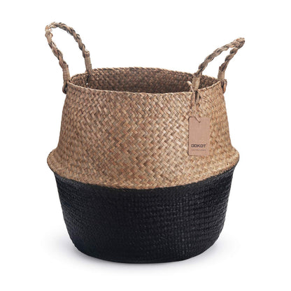 Seagrass Belly Basket Natural Woven Plant Pot Foldable with Handles for Storage Laundry Blankets Toys Natural + Black