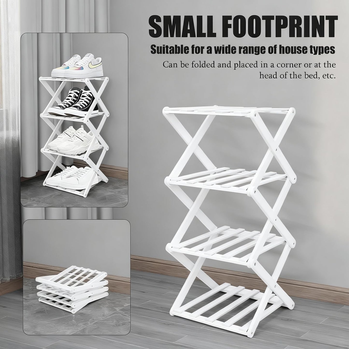 GIRYES Small Shoe Rack White, 4 Tier Bamboo Foldable Shoes Organizer Free Standing Shelf for Entryway, Bedrooms, Closet, Living Room Corner