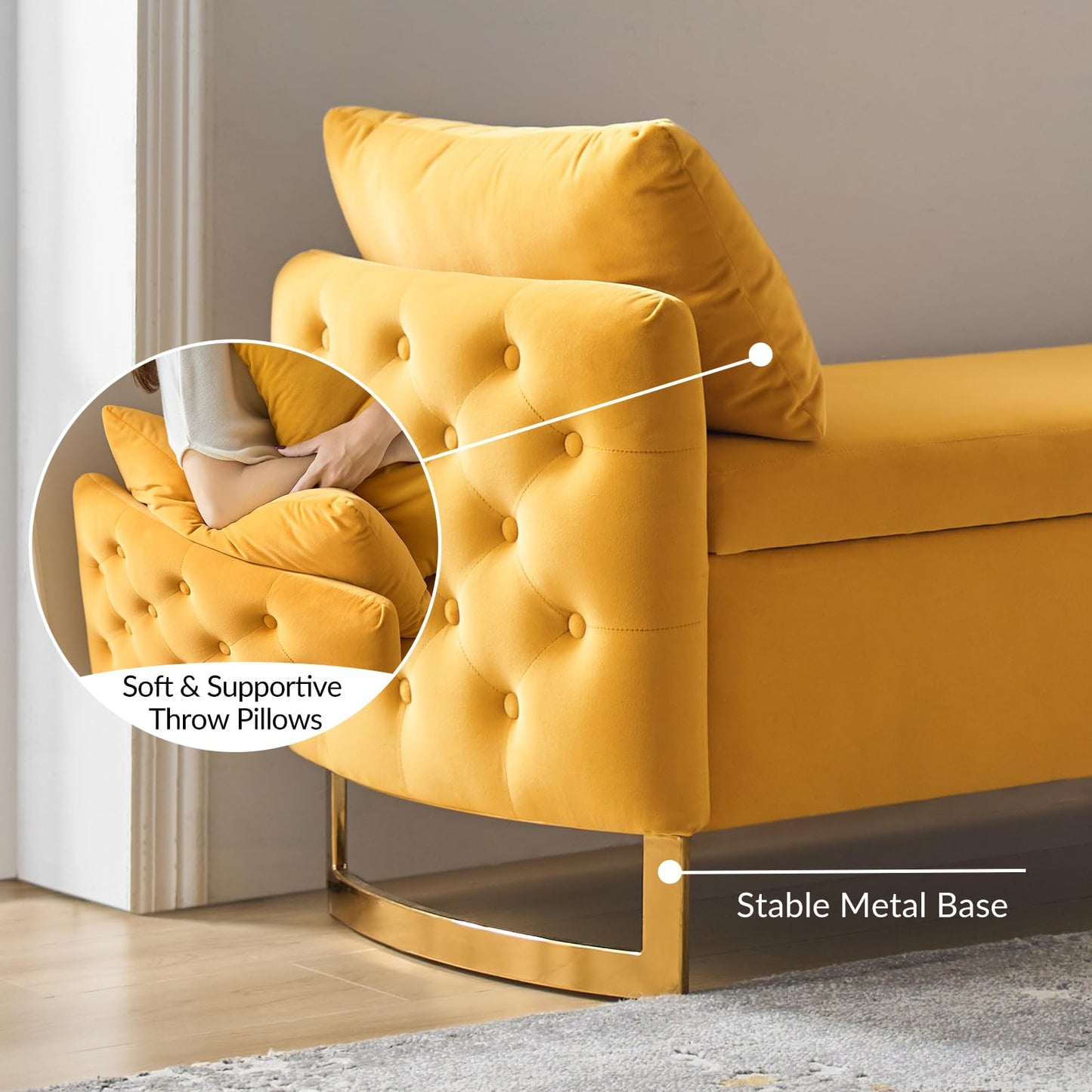 HULALA HOME Large Storage Bench with Metal Base for End of Bed, Mustard