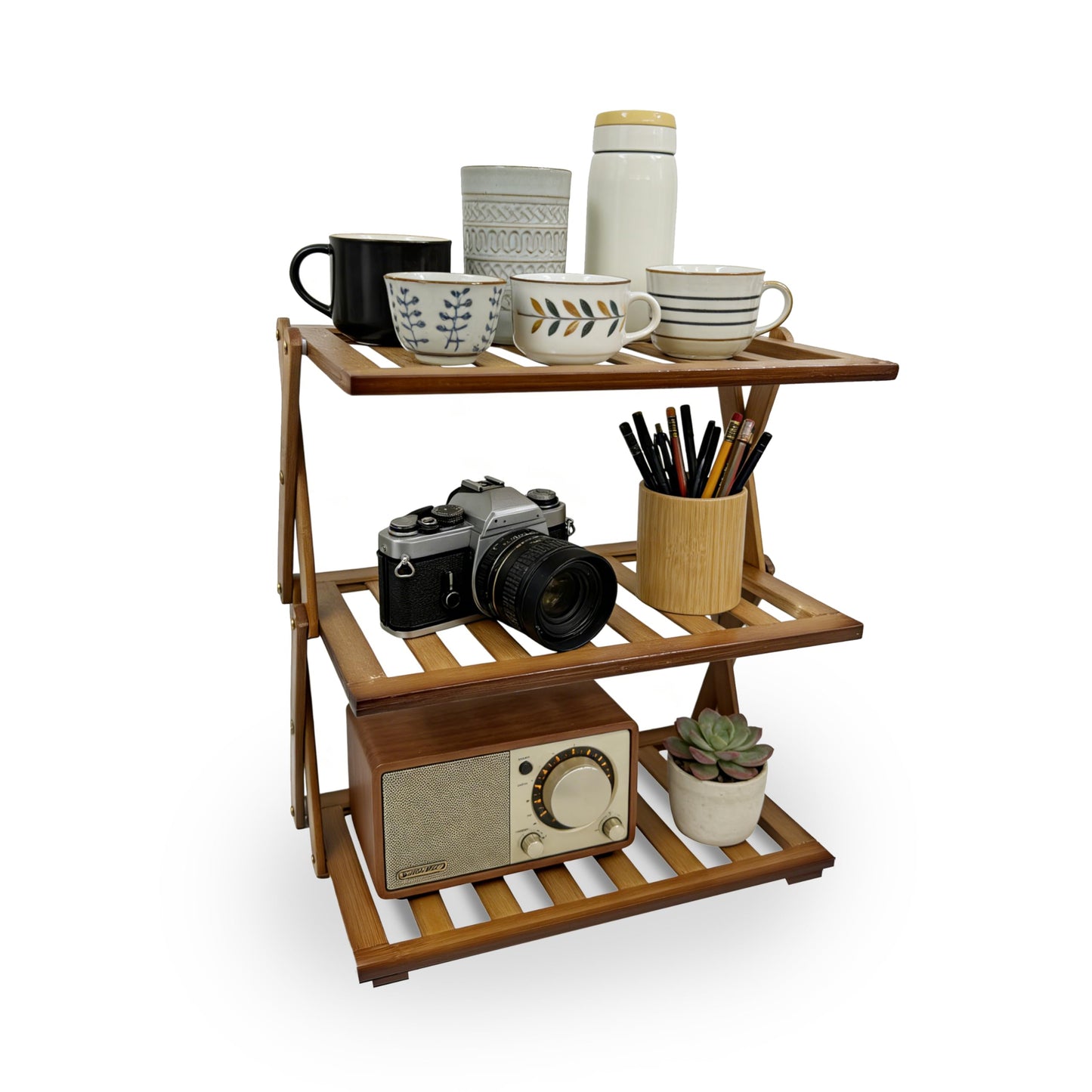 FloraVigo Office desk shelf, three-tier wooden desktop bookshelf, storage rack, suitable for office desks, bedrooms, kitchens